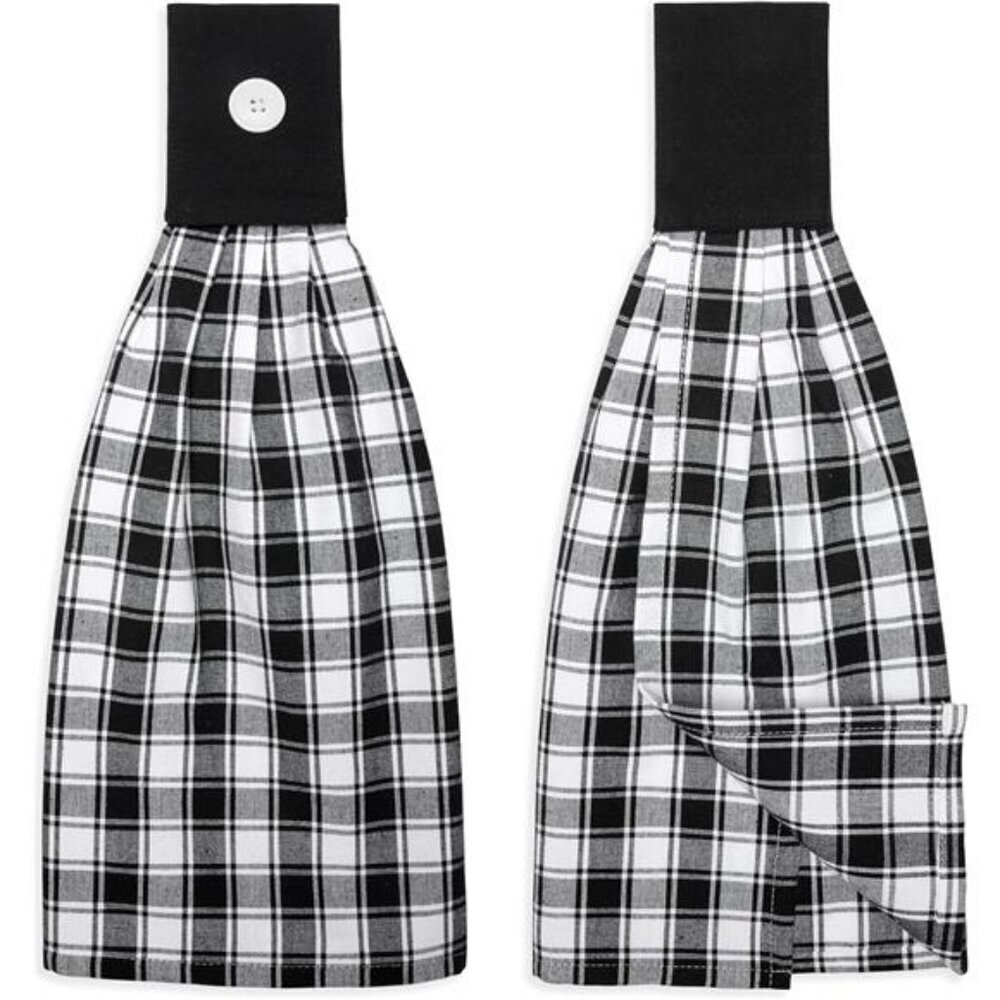 Black White Check Hanging Kitchen Towels Set Cotton Dish Hand Towels Button